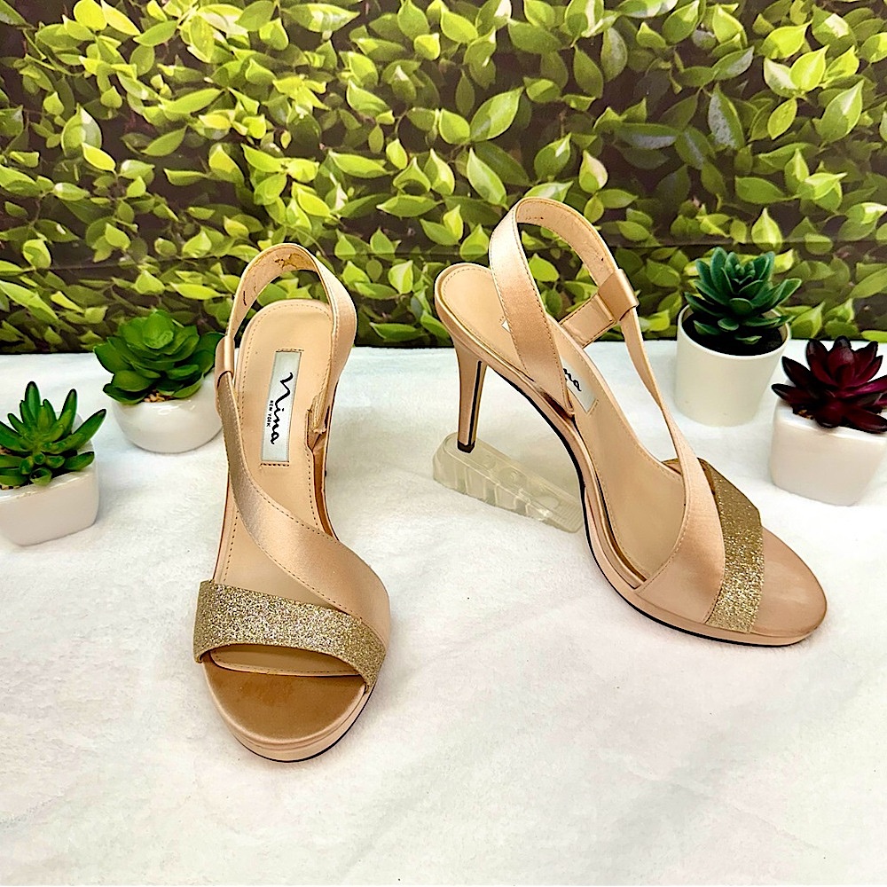 {Nina} Gold Glittery Crossed Strap Blush Nude Rose Gold Satin 4” Pump Heels